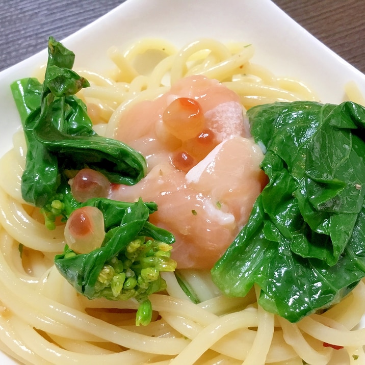 サーモン塩辛と菜の花のパスタ